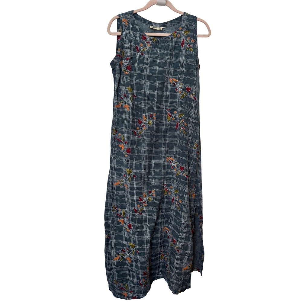 Caliente Blue Grey Rayon Floral Embroidered Grid Sleeveless Maxi Dress Medium